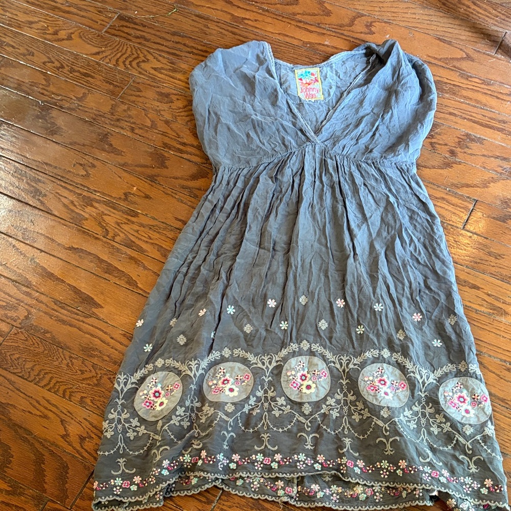 Johnny Was Gray Embroidered Floral Hem Cotton Dress